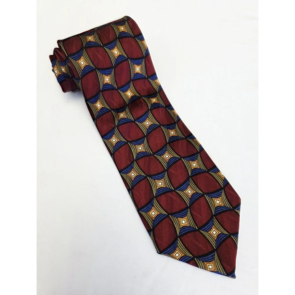 Vintage J.Z. Richards Silk Tie, 1990s Medallion Geometric, Maroon Blue Gold USA